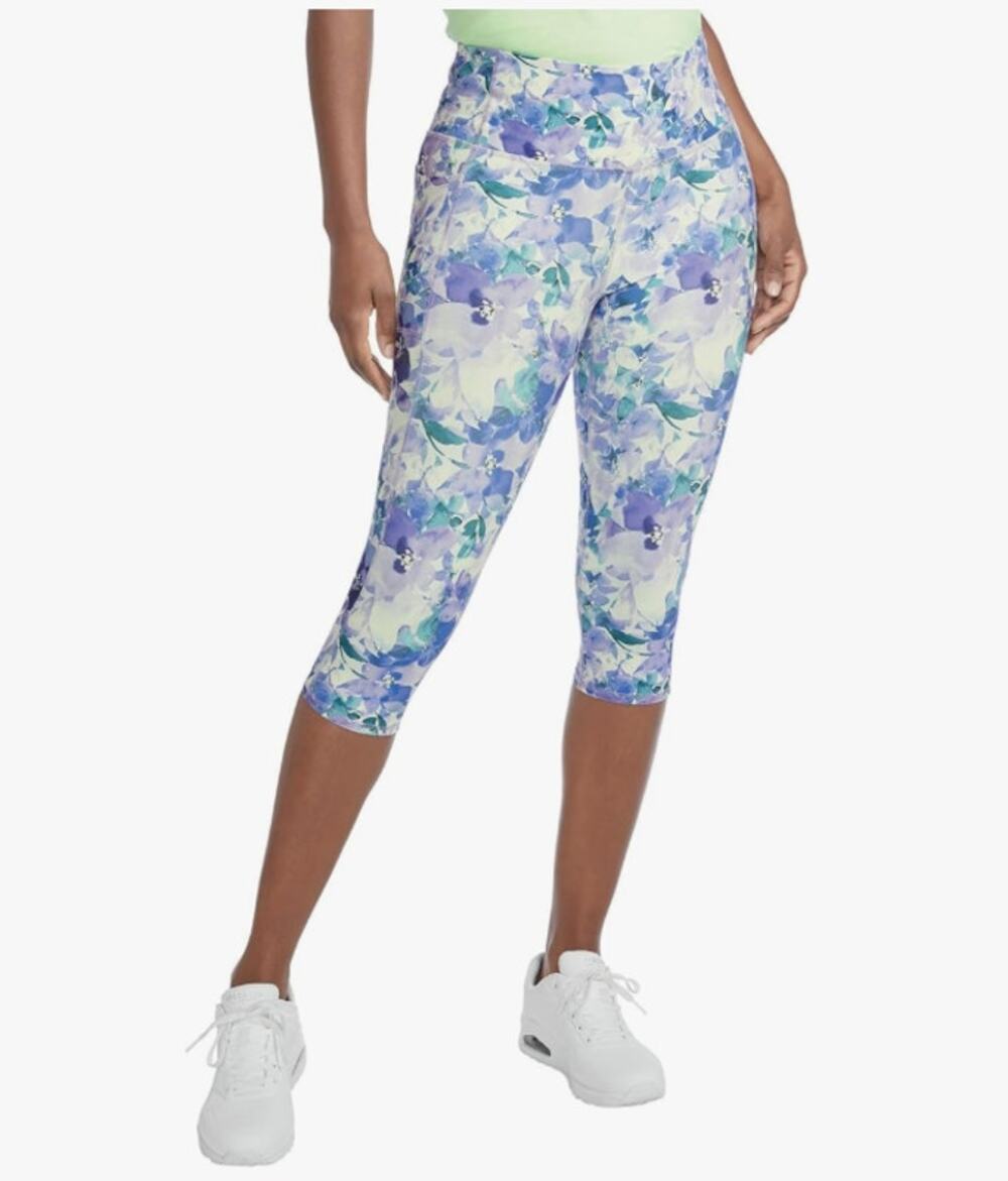 SKECHERS Gowalk Capri Leggings XS Blue Seascape Floral High Waisted NWT